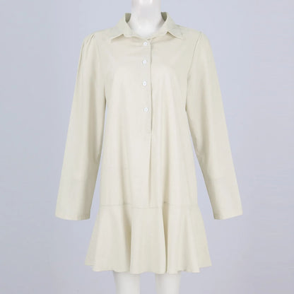 Women Loose Dresses Fashion Casual Half Open Shirt Hem Ruffle Classic Solid Dresses Daily Commute Date Simple Long Sleeve Dress