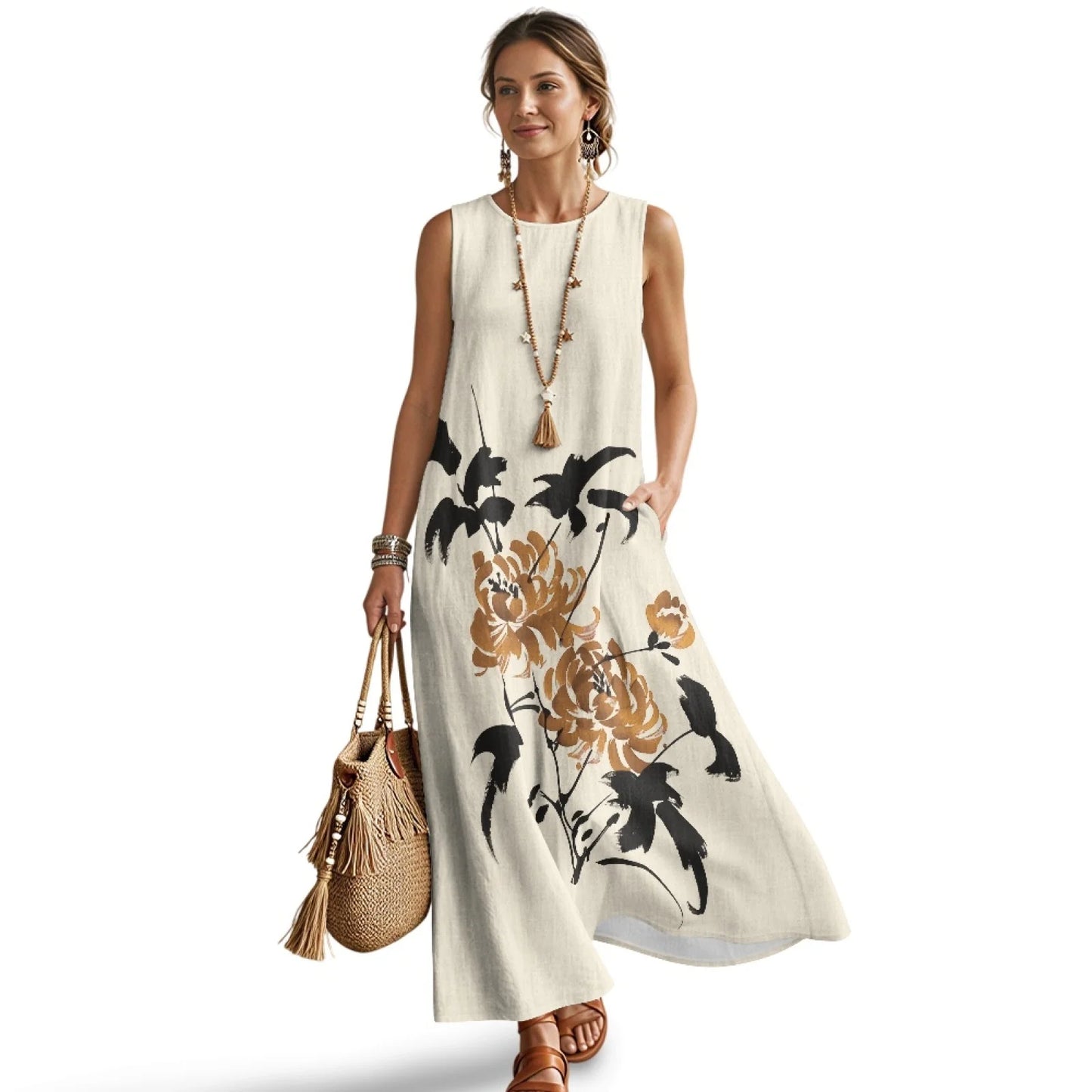 Imitation Linen Loose Vest Long Skirt Elegant Floral Summer Dresses for Women Line Sleeveless Sundresses with Pockets