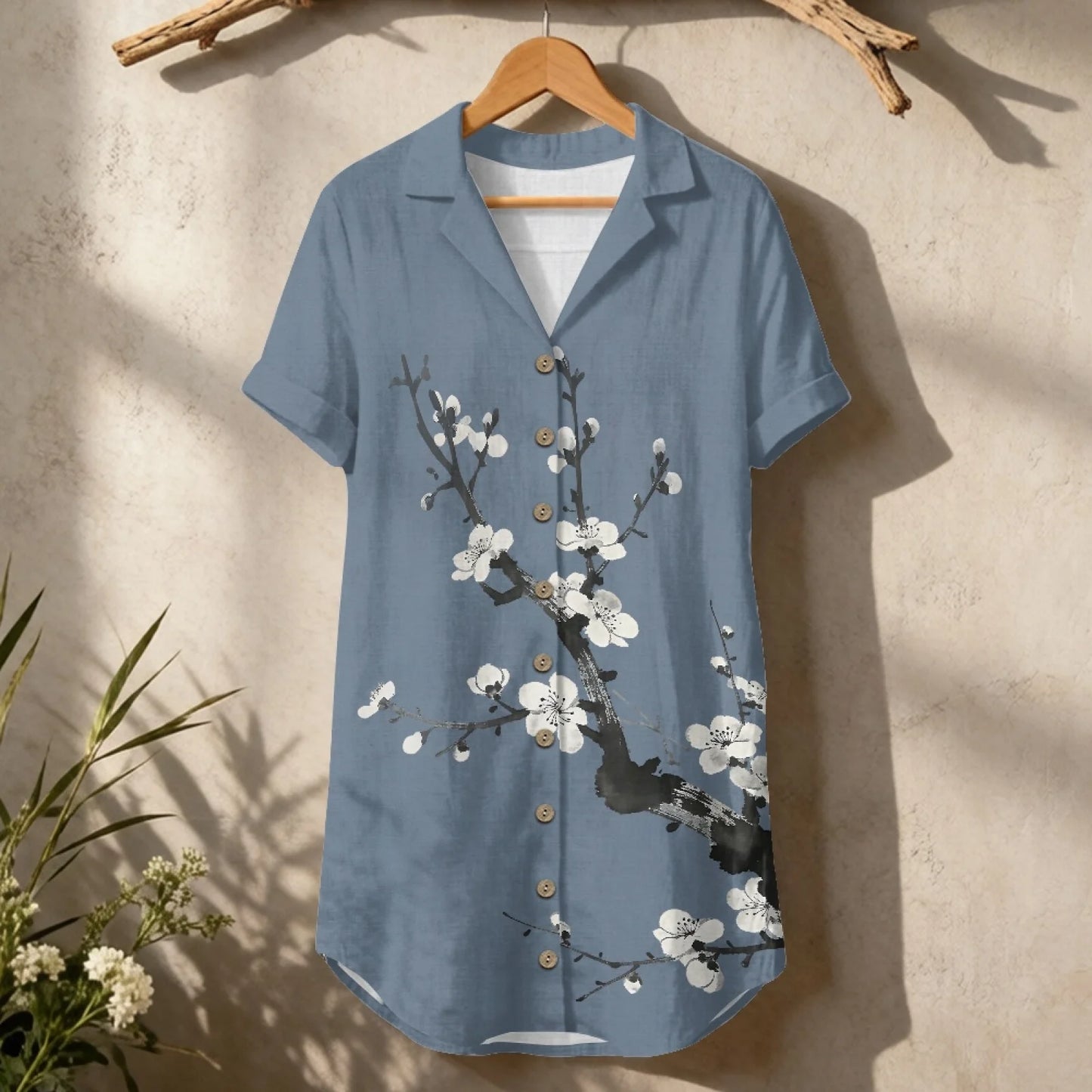 Women's Linen Shirt Dress Chinese Style Flower Womens Dress Summer Button-Down Shirt Dress Loose A-Line Midi Shift Tunic Dress