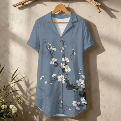 Women's Linen Shirt Dress Chinese Style Flower Womens Dress Summer Button-Down Shirt Dress Loose A-Line Midi Shift Tunic Dress