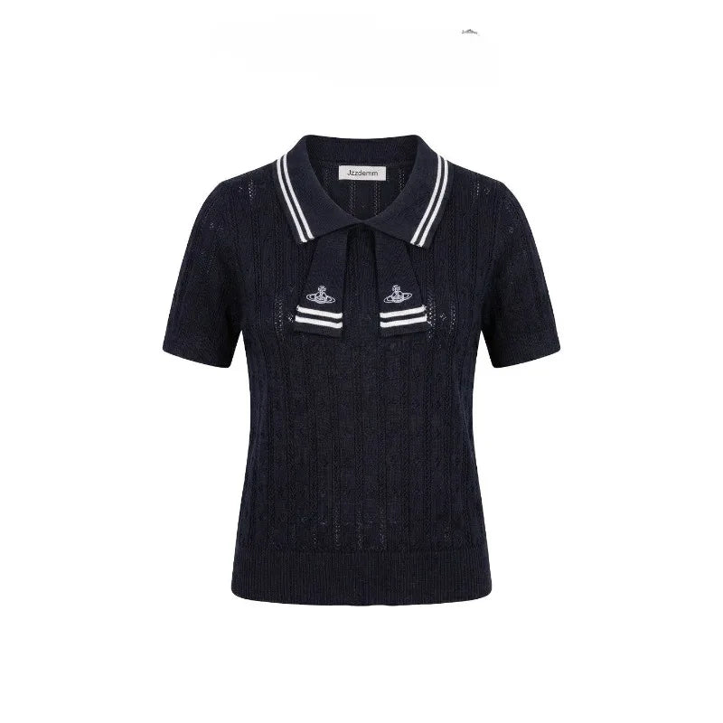 Summer College Style Knitted Collar Girls' T-shirt Simple, Breathable, Comfortable Short Sleeved Commuting Texture High-end Top