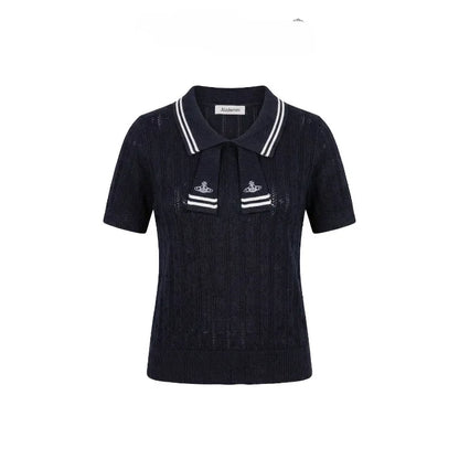 Summer College Style Knitted Collar Girls' T-shirt Simple, Breathable, Comfortable Short Sleeved Commuting Texture High-end Top