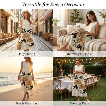 Imitation Linen Loose Vest Long Skirt Elegant Floral Summer Dresses for Women Line Sleeveless Sundresses with Pockets