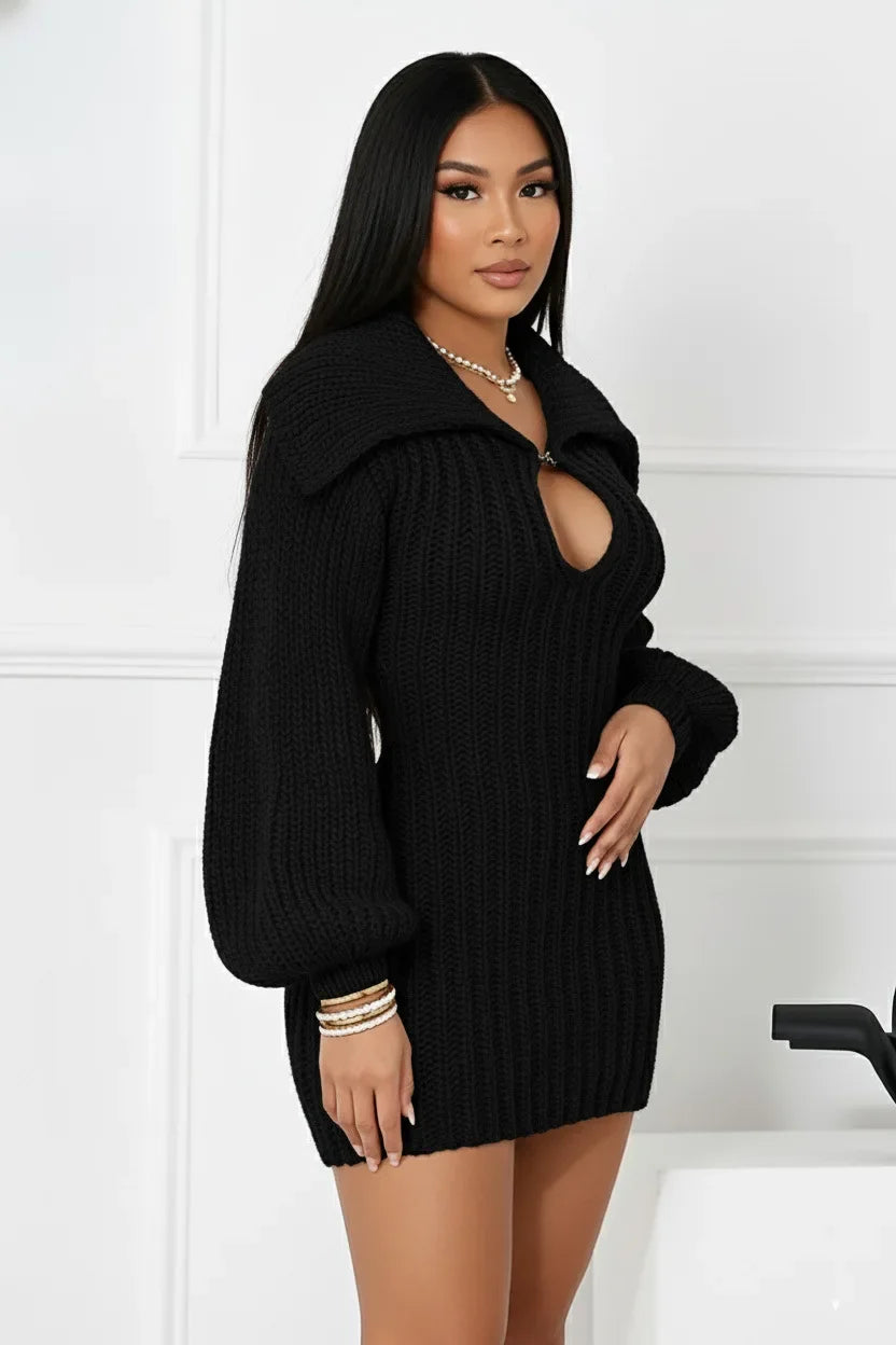 2025 New High Collar Elegant Commuter Big Collar Slim Fit Elastic Lantern Sleeve Woolen Dress
