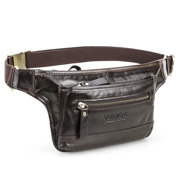 CONTACT'S Genuine Leather Waist Bags for Men Customize Waist Packs Crossbody Bag Phone Pocket Name Engraving Male Travel Bags
