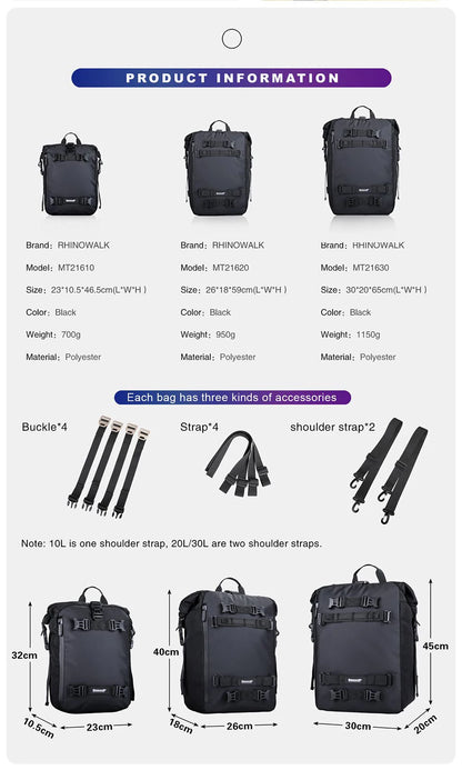 Rhinowalk Motorcycle Back Seat Bag 10/20/30L Waterproof Multifunctional Saddle Side Luggage Bag cycling backpack Universal