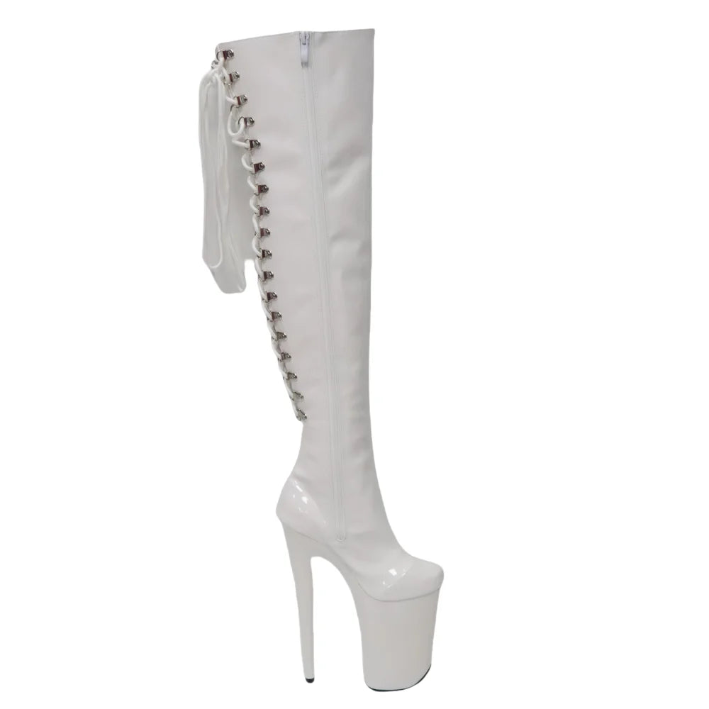 23CM Platform Thigh High Boots Queen, Red Black Patent Leather Extreme Height Boots, Metal Detail Performance Shoes