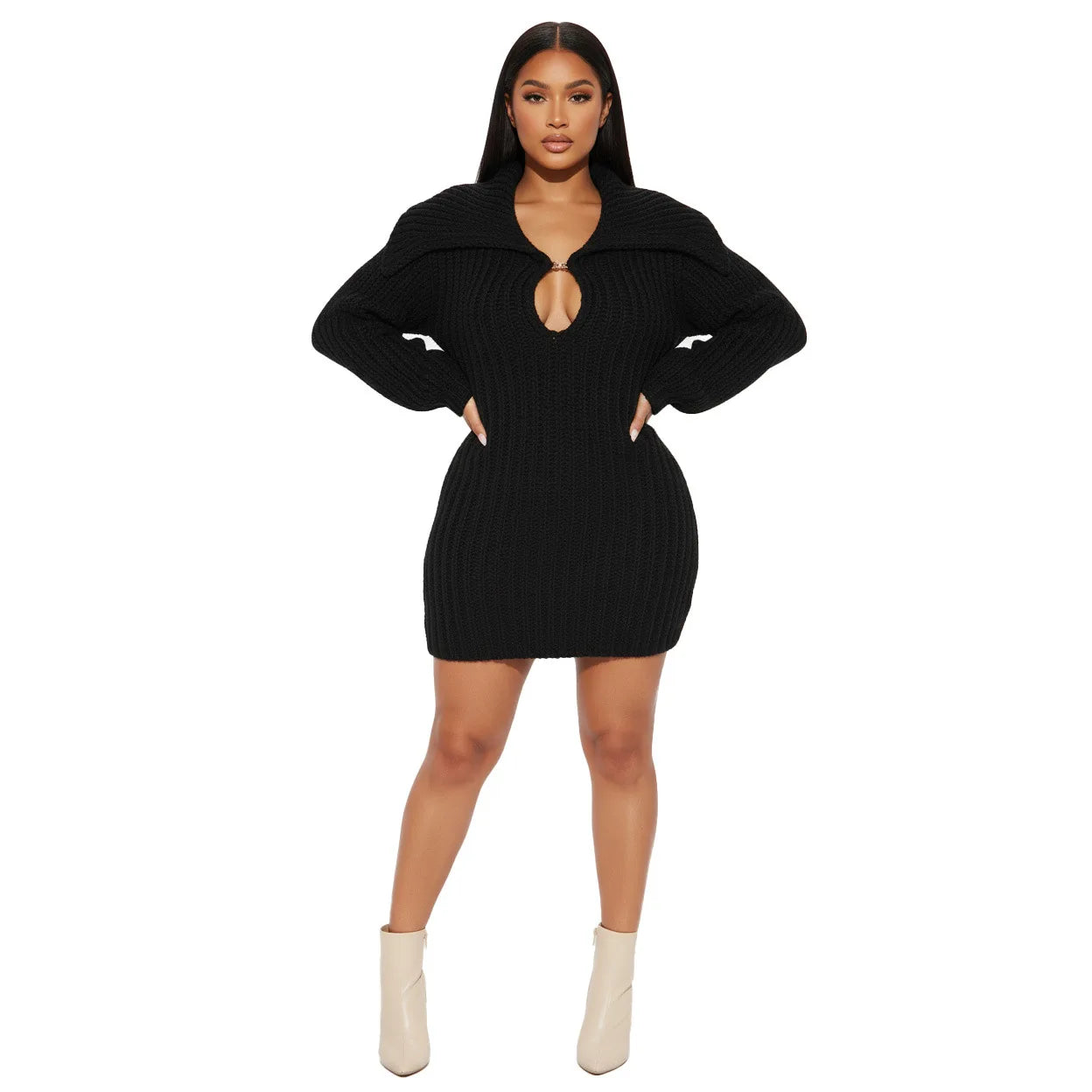 2025 New High Collar Elegant Commuter Big Collar Slim Fit Elastic Lantern Sleeve Woolen Dress