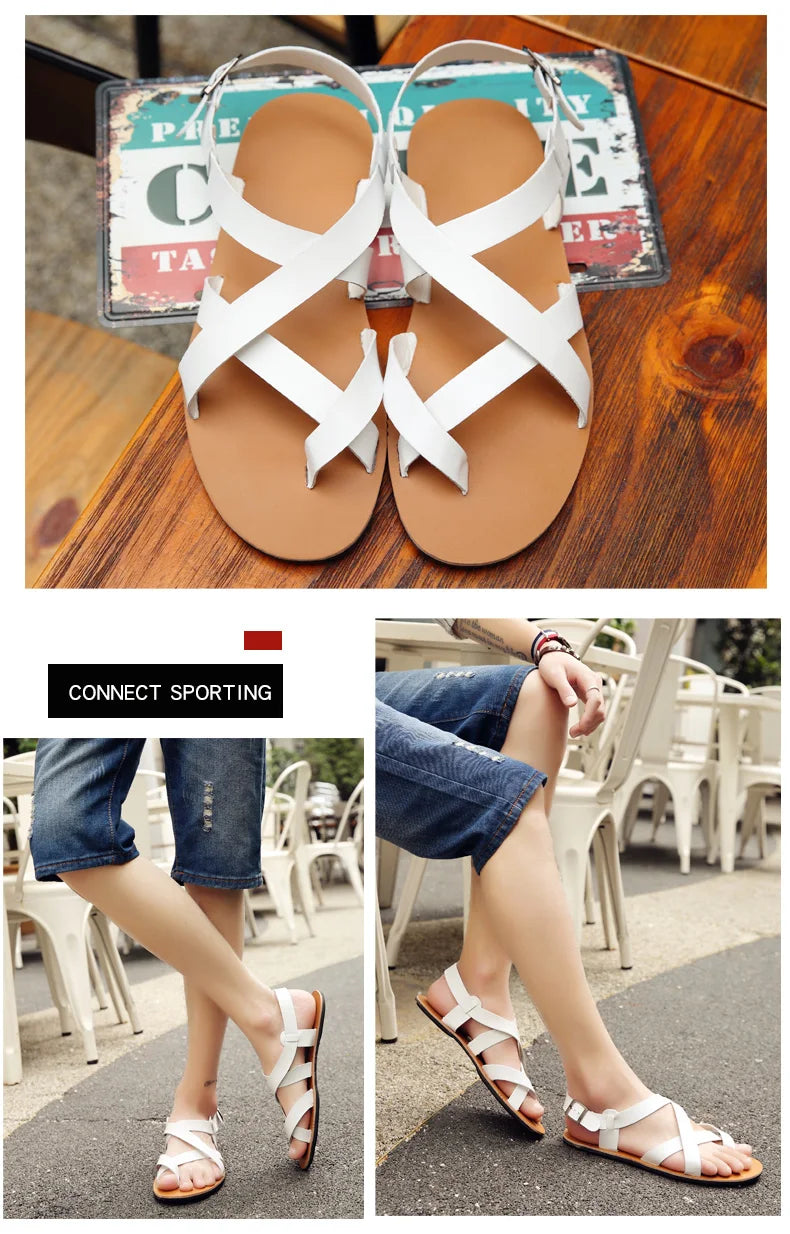 New Summer Men Sandals Leather Vintage Flat Heel Solid Buckle Beach Gladiator Sandals Shoes Breathable Men Flip Flops Sandals