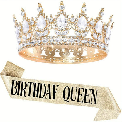 Bling Rhinestones Birthday Party Kit Tiara Crown Queen Sash Women Girl Happy Birthday Hair Accessories Prom Gifts Decorations