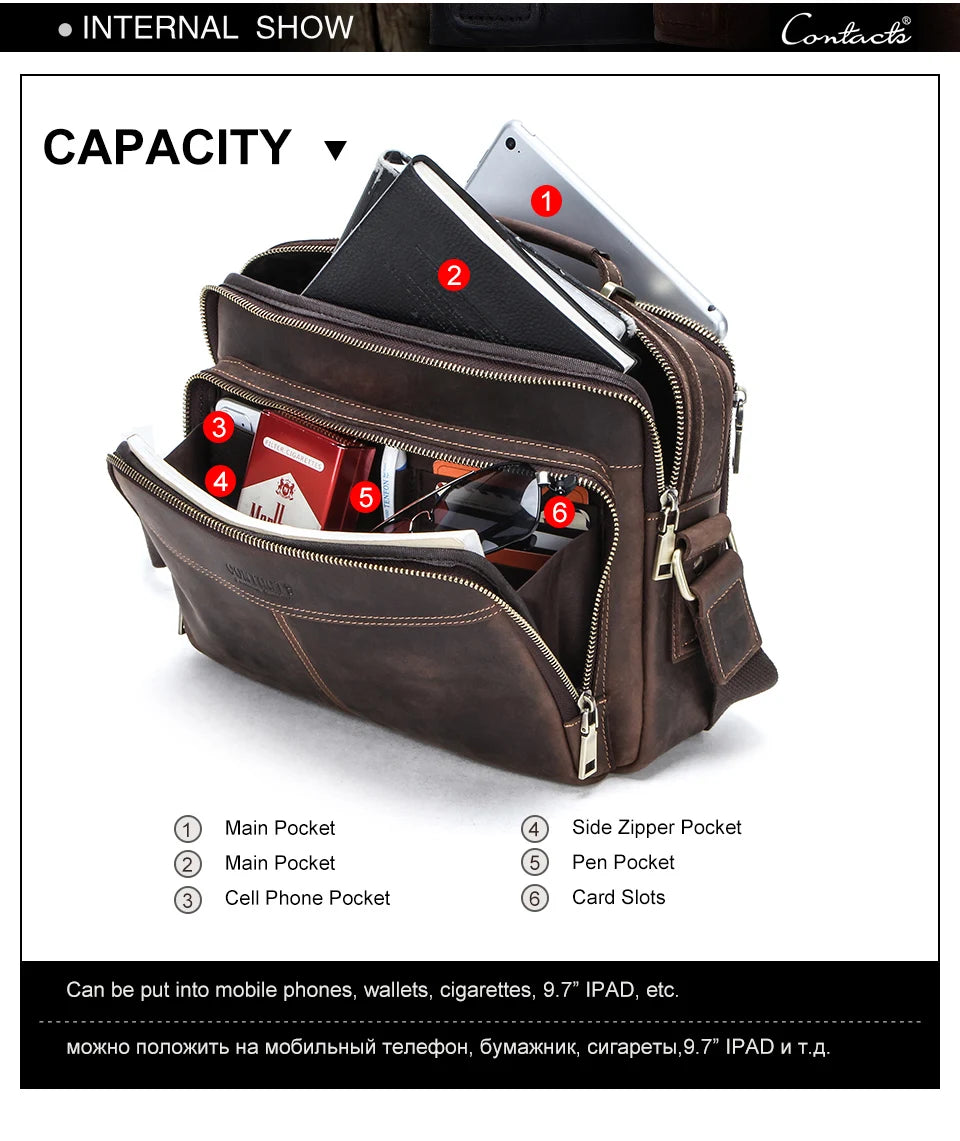 CONTACT'S Crazy Horse Leather Men Messenger Bag Vintage Man Crossbody Bag Handbags Large Capacity Male Shoulder Bags Bolsos