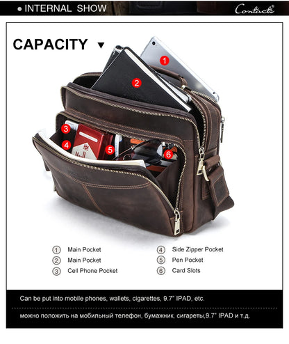 CONTACT'S Crazy Horse Leather Men Messenger Bag Vintage Man Crossbody Bag Handbags Large Capacity Male Shoulder Bags Bolsos