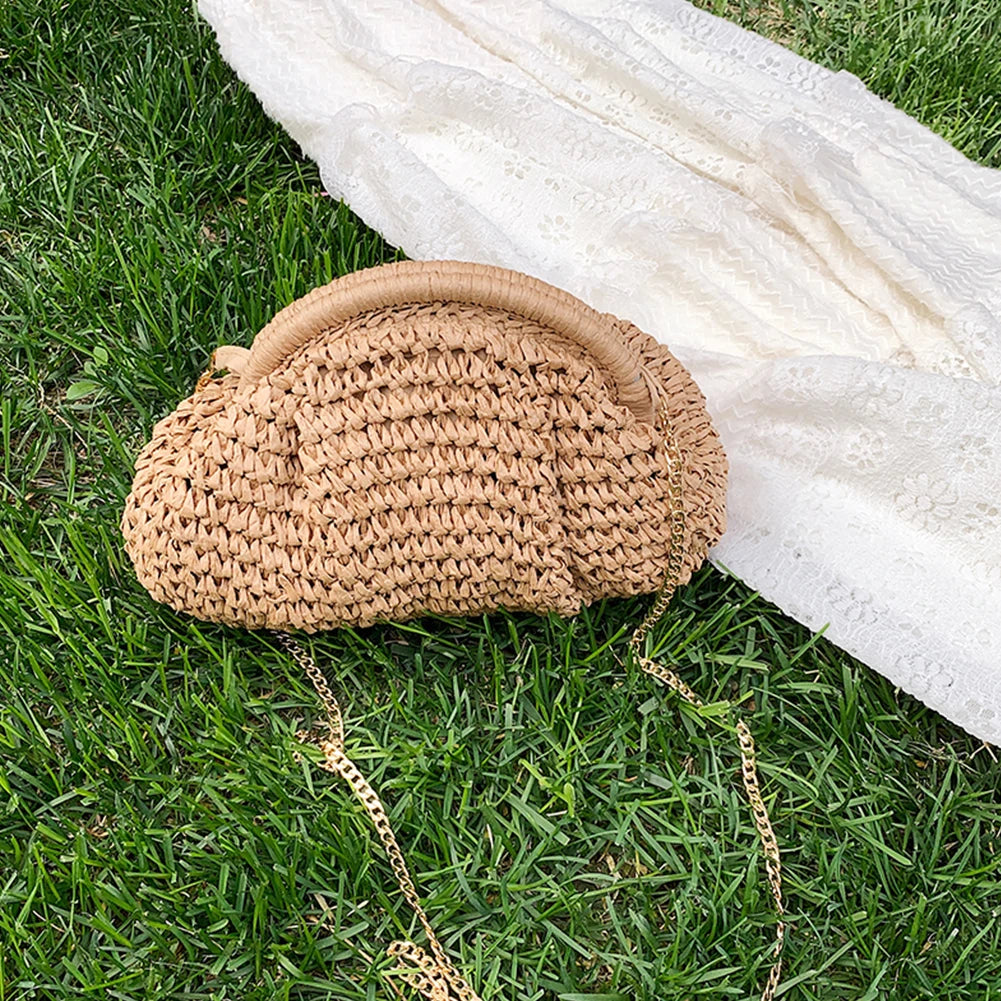 Women Straw Woven Bag Chain Strap Fashion Shoulder Bag Large Capacity Weaving Satchel Bag Solid Color for Party Vacation