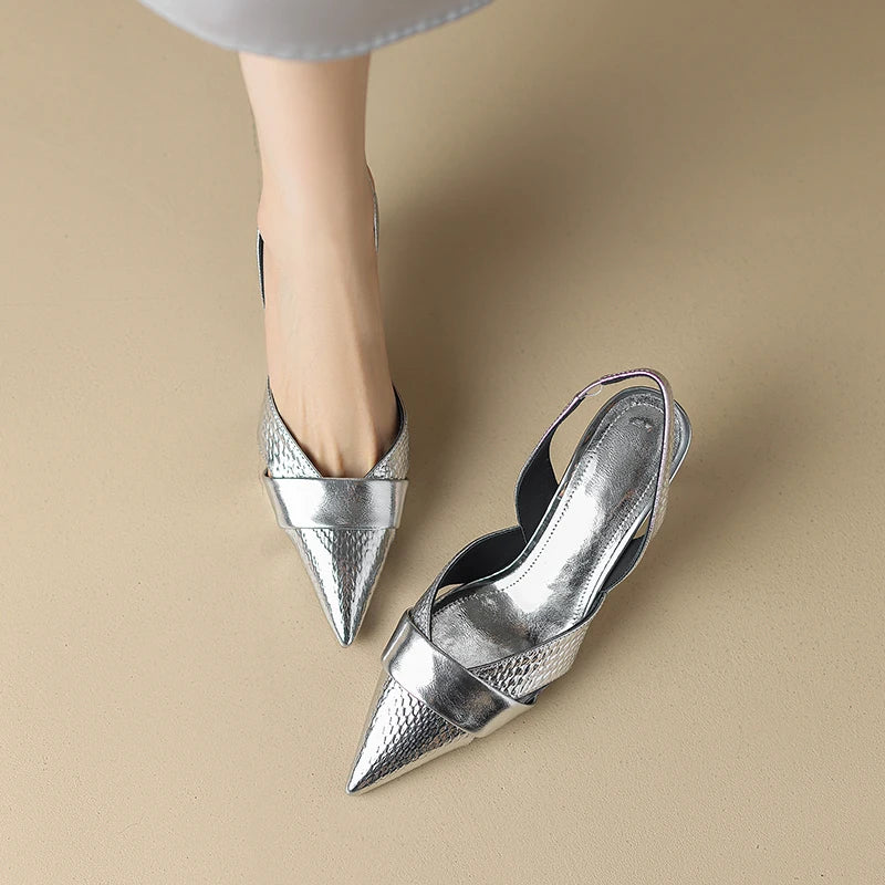 【JOCHEBED HU】Brand Genuine Leather Pointed Toe Slingback Kitten Heel Sandals Women Stiletto High Heels Summer Designer Party