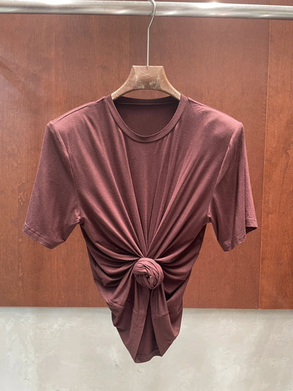 Y2K knotted twist knitted threaded round neck Top women fashionable and versatile navel padded shoulder short-sleeved T-shirt