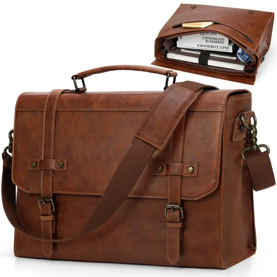 Mens Messenger Bag 17 Inch Waterproof Vintage Leather Laptop Briefcase Large Laptop Bag Satchel Bag Computer Shoulder Bag for Of