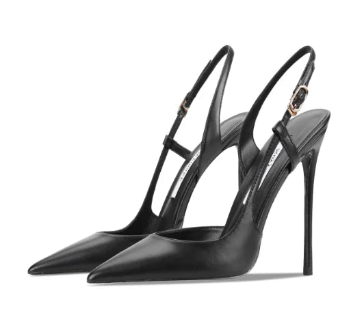 Bare leather edge buckle straight strap sandals for women, new pointed shallow mouth slim heel fashionable single shoe