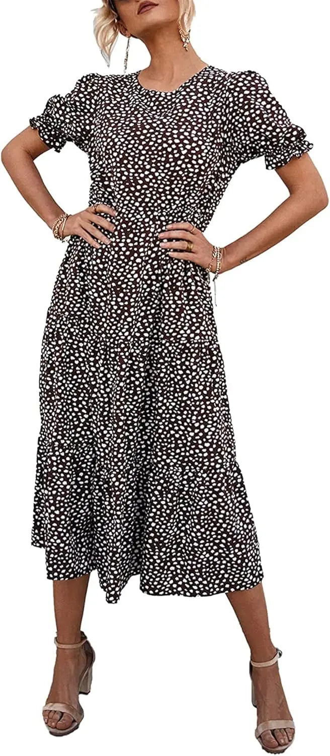 Summer Dresses for Women 2026 Casual Floral Boho Midi Sun DrPuff Short Sleeve Flowy Beach Vacation Sundress