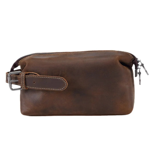 Men's Vintage Top-Grain Leather Clutch Bag - Spacious Travel Toiletry Organizer, Genuine Crazy Horse Crossbody Pouch for Retro S