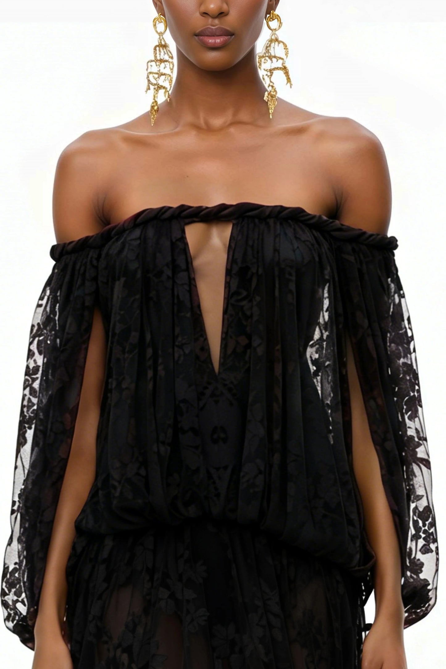 Elegant Luxury Off Shoulder Lace Maxi Dress, Black Sheer Cutout Long Sleeve Gown, Socialite Party Evening Dress For Women