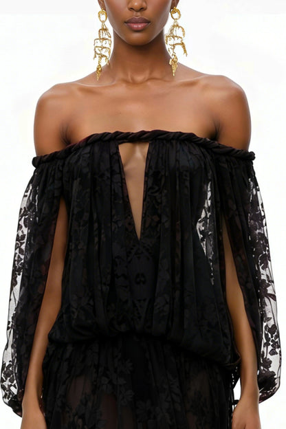 Elegant Luxury Off Shoulder Lace Maxi Dress, Black Sheer Cutout Long Sleeve Gown, Socialite Party Evening Dress For Women