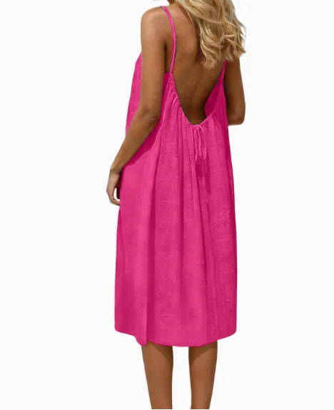 Summer Women Spaghetti Strap Dress Solid Color Loose Casual Midi Dress Sleeveless A-Line Beach Sundress