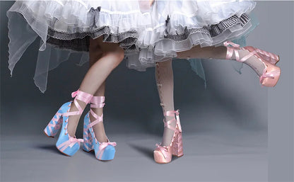 Onlymaker Womens Round Toe Platform Bow Ribbon Pumps Cute Lolita Ballet Lace-up Hoof Chunky Heel Pumps