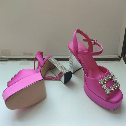Square Headed Satin Banquet Sandals 2026 New Rhinestone Thick Heel High Heels 35-43 Leather Waterproof Platform Show Women Shoes