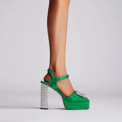 Square Headed Satin Banquet Sandals 2026 New Rhinestone Thick Heel High Heels 35-43 Leather Waterproof Platform Show Women Shoes