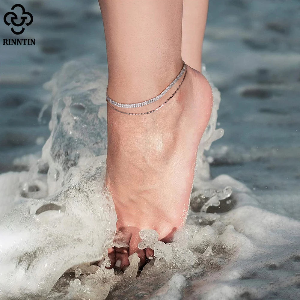 Rinntin Italian Sparkle Mirror Link Chain Anklet Women's 925 Silver Summer Foot Chain Bracelet Fashion Ankle Straps Jewelry SA29