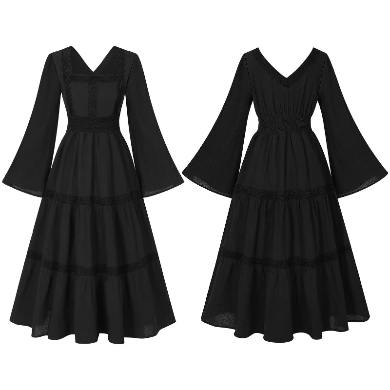 2025 New Beige Halloween/Christmas Square Neck Lace Trim Bell Sleeve Dress for Women, Halloween/Christmas COS Costumes Long Sirt