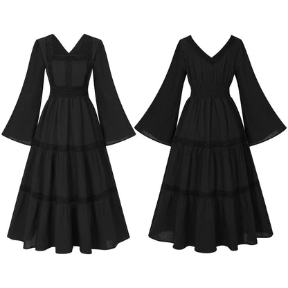 2025 New Beige Halloween/Christmas Square Neck Lace Trim Bell Sleeve Dress for Women, Halloween/Christmas COS Costumes Long Sirt