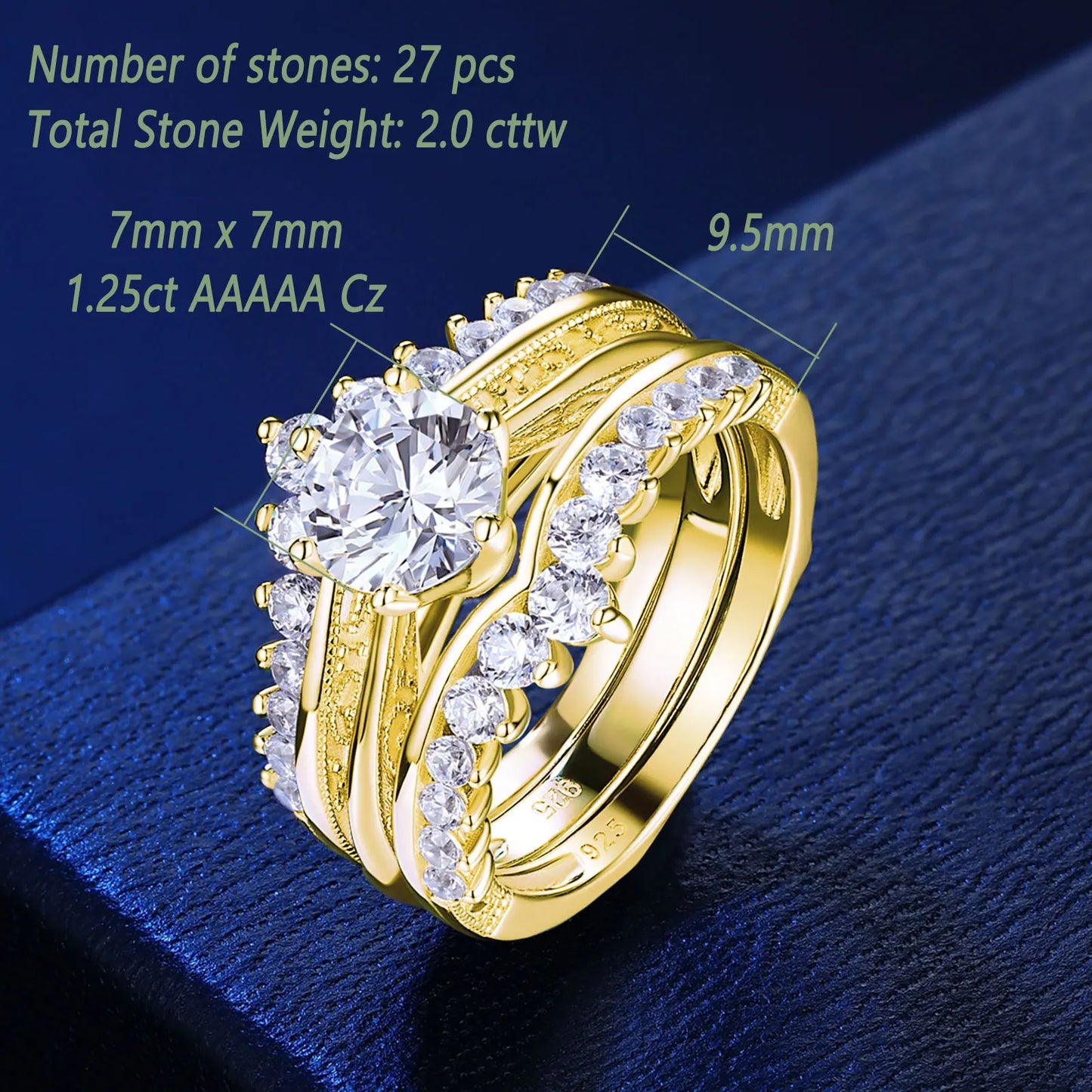 Newshe 14k Yellow Gold Plated Bridal Ring Set for Women 2Ct Round Cut AAAAA Zircon Wedding Engagement Anniversary Band BR1167_Y