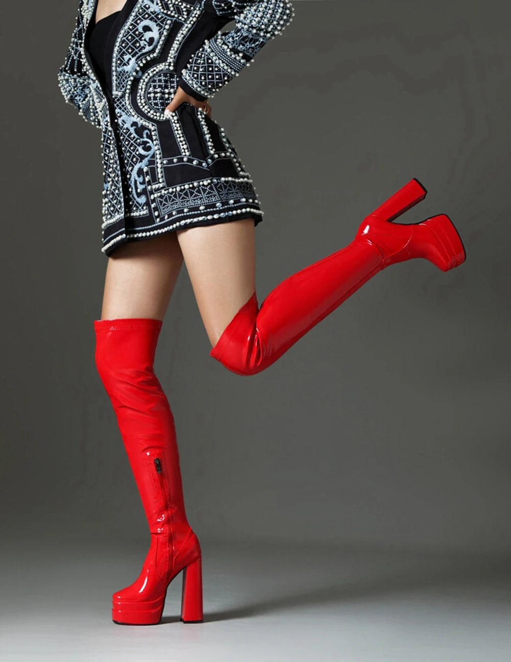Women Patent Leather Over The Knee Platform Boots Black White Red Double Layer Block Heel Thigh High Boots Plus Size 34-48 23-06