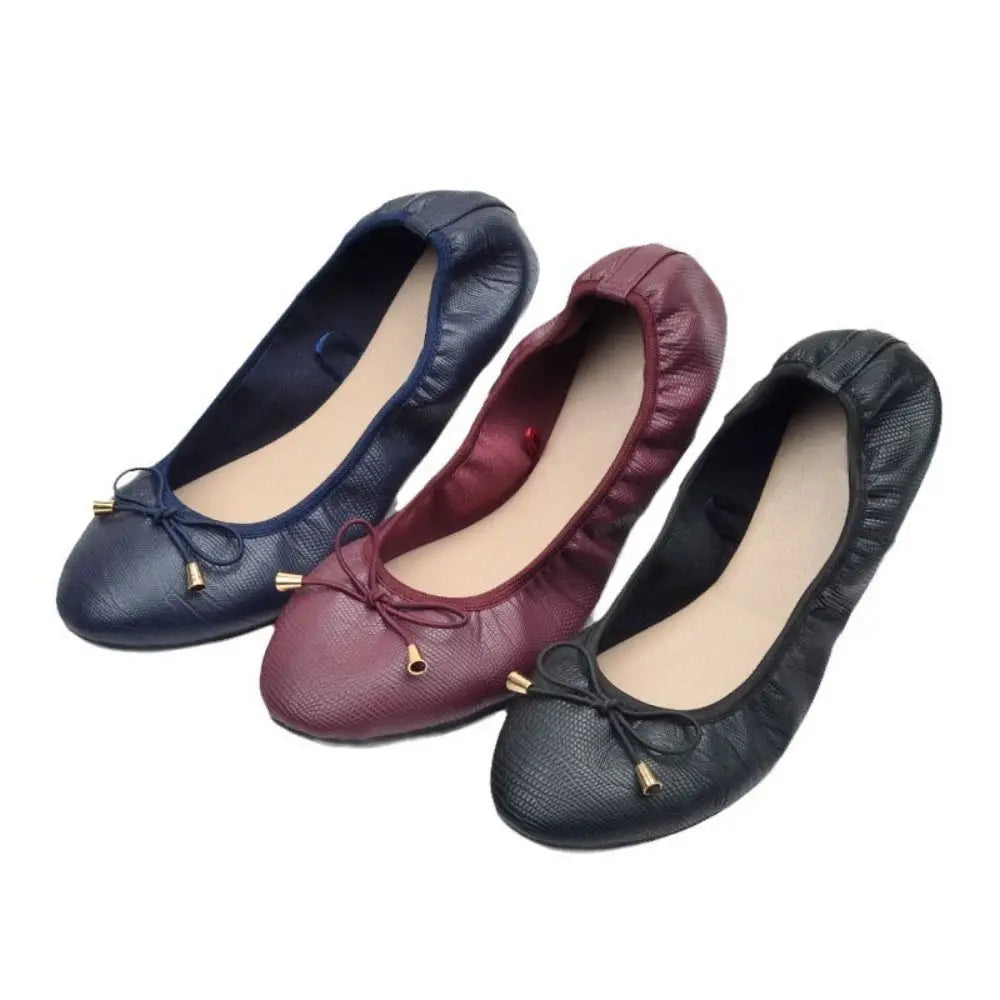 Solid Color Shallow Mouth PU Ballet Shoes Thread Bowknot Ballet Flats Women Foldable Lightweight Chicken Rolls Dance Shoes Yoga