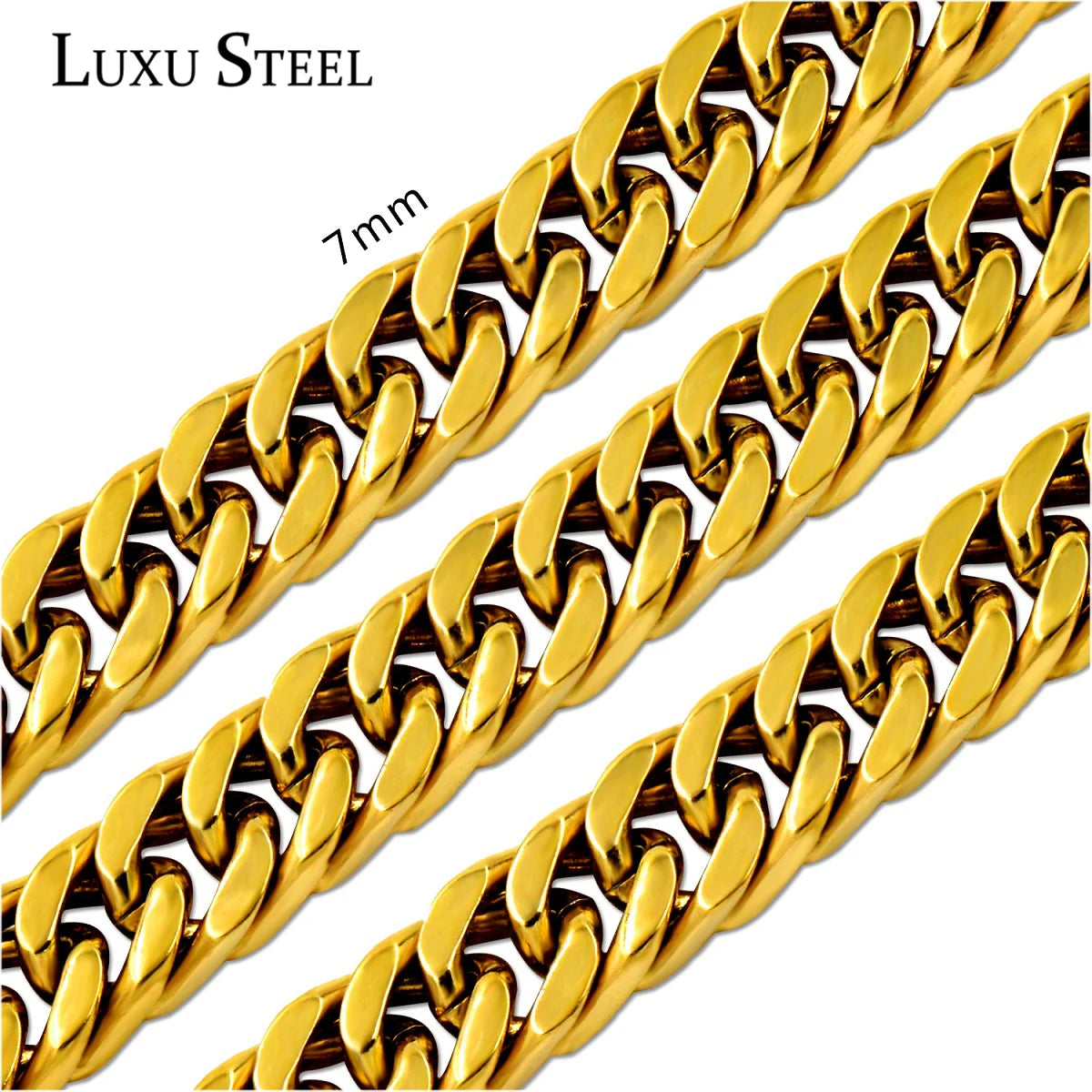 LUXUSTEEL 7MM Punk Stainless Steel Cuban Curb Link Chain For Women Men Gold Color Necklace Hip Hop Miami Male Jewelry Wholesale