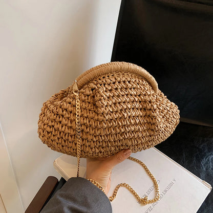 Women Straw Woven Bag Chain Strap Fashion Shoulder Bag Large Capacity Weaving Satchel Bag Solid Color for Party Vacation