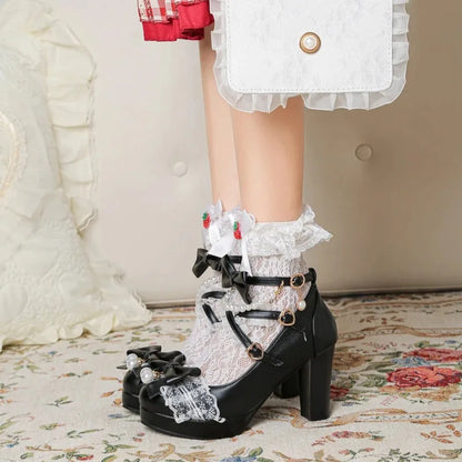 Cross Strap Women High Heels Mary Jane Pumps Party Wedding Cosplay White Pink Black Strawberry Bow Princess 2025 Lolita Shoes