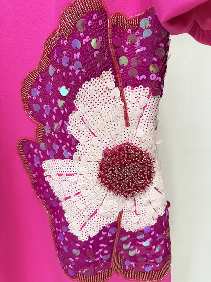 HIGH STREET Newest 2026 Designer Fashion Women's Beaded Sequin Three-Dimensional Flower Short Sleeved Midi Dress