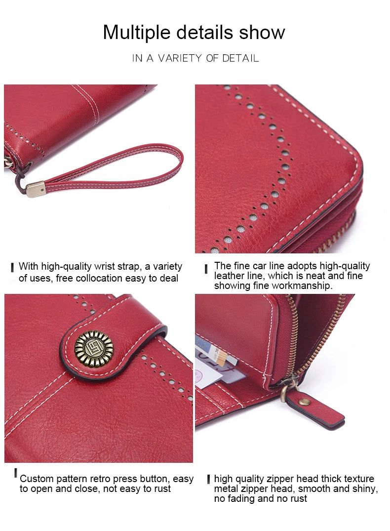 Vintage Large Capacity Women's Purse, Monochromatic, Multi-card, Long Wallet, Multi-function Zipper Strap, Wrist Strap, New
