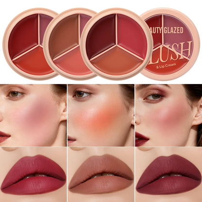 3-color blush palette-cream 2-in-1 multifunctional facial lip makeup, berry, pink, red waterproof