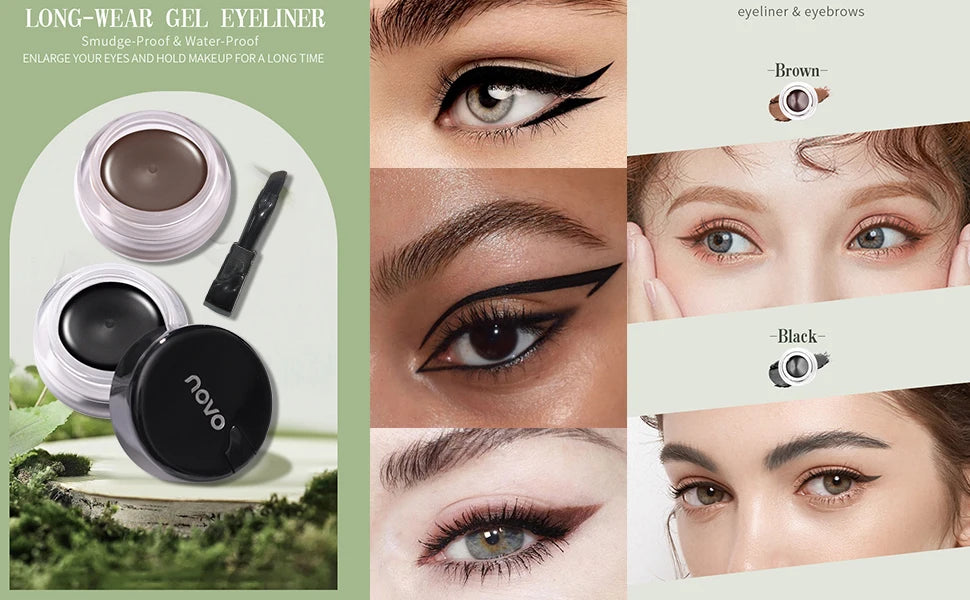 Portable Gel Eyeliner Black and Brown, Water Proof Smudge Proof Eyeliner Cream, Quick Drying Last for All Day Long Brow Eyeliner