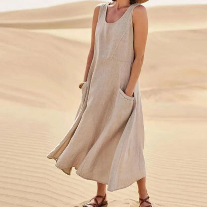 Women Coton Linen Sundress Summer Female Sleeveless Double Big Pocket Loose Sand Beachwear Long Dress Oversized S-5XL LRFZ-818