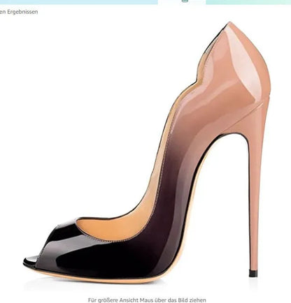 leopard print fish mouth patent leather high heels for women slim heels with pointed toes shallow mouth party shoes big size12cm