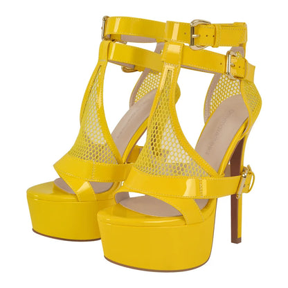Onlymaker Women Yellow Mesh Buckle Peep Toe Platform Sandals Thin Heels Ankle Strap Buckle Dress Sexy Party Stiletto Sandals