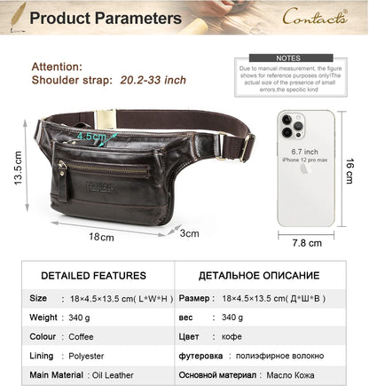 CONTACT'S Genuine Leather Waist Bags for Men Customize Waist Packs Crossbody Bag Phone Pocket Name Engraving Male Travel Bags