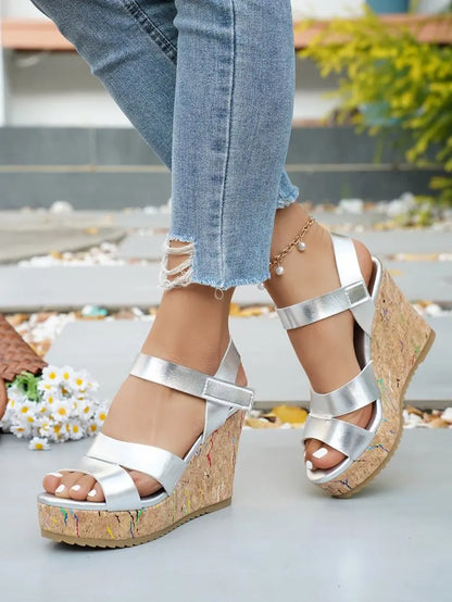 Women's Silver Chunky Platform Sandals 2026 Summer Cork Thick Sole Wedge Sandals Woman Plus Size 43 Pu Leather Casual Shoes