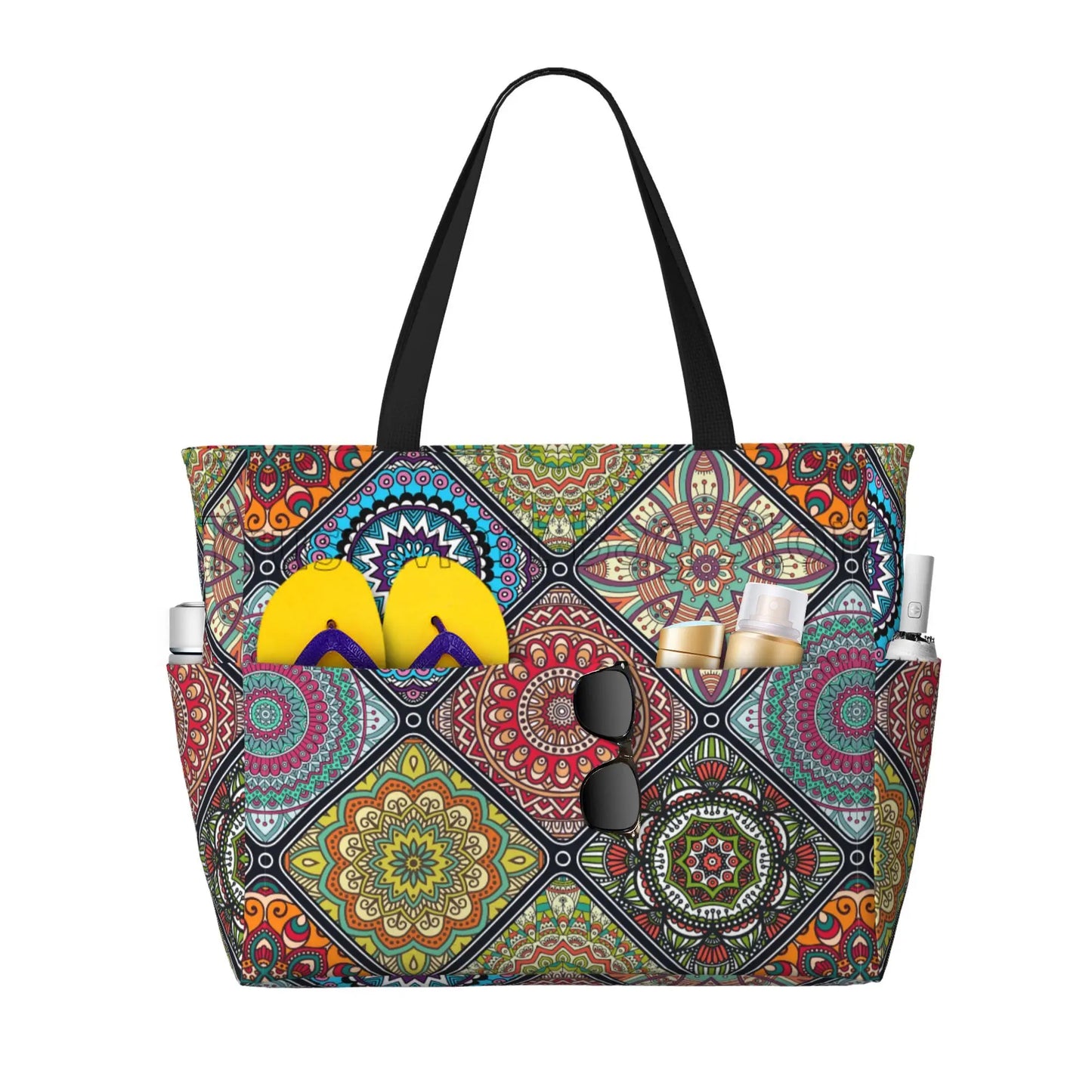 Ethnic Mandala Flowers Waterproof  Beach Tote Pool Bags for Women Ladies Extra Large Gym Tote Carry on Bag for Weekender Travel