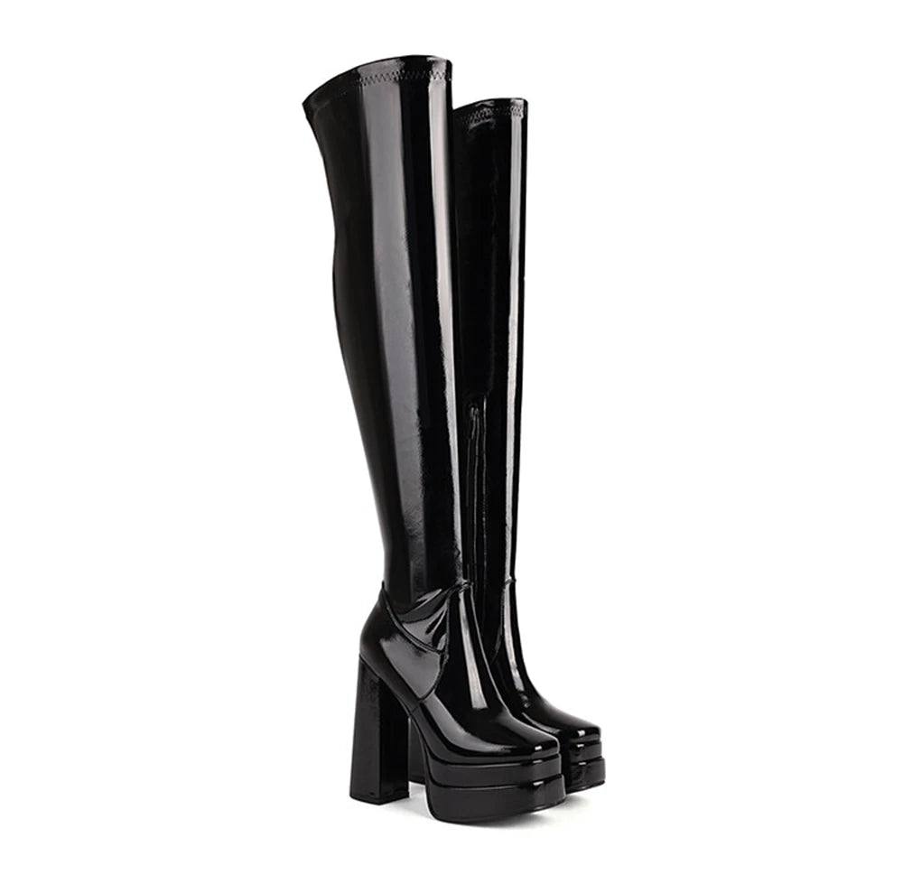 Women Patent Leather Over The Knee Platform Boots Black White Red Double Layer Block Heel Thigh High Boots Plus Size 34-48 23-06