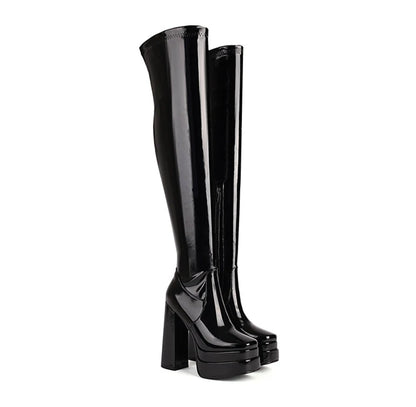 Women Patent Leather Over The Knee Platform Boots Black White Red Double Layer Block Heel Thigh High Boots Plus Size 34-48 23-06